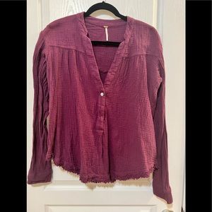 Free people raw hem burgundy button down thermal top